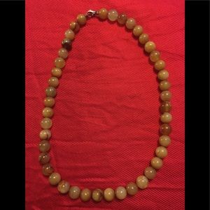 Necklace, 17 inches long, green and amber color.